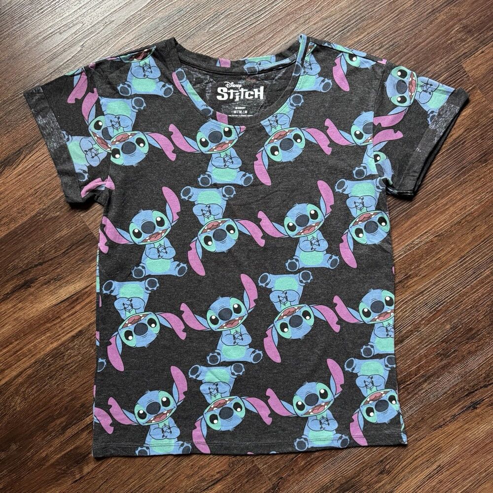 Disney Lilo & Stitch T-Shirt Womens Medium All Over Print Gray Blue Shirt M